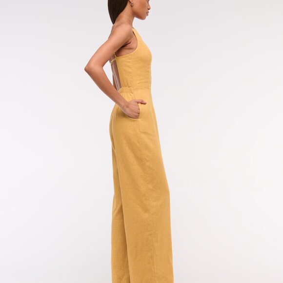 Abercrombie & Fitch Linen-Blend Apron Jumpsuit - Honey Yellow, M Tall (NWT!) - Picture 3 of 8